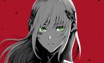  1girl bangs barcode barcode_tattoo eyebrows_visible_through_hair facial_mark facial_tattoo gager_(girls&#039;_frontline) girls_frontline green_eyes hair_ornament hairclip long_hair looking_at_viewer open_mouth ouga_(user_ctzw2237) parted_lips red_background sangvis_ferri silver_hair solo tattoo upper_body 