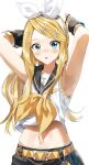  1girl :o alternate_hair_length alternate_hairstyle aqua_eyes armpits arms_up belt blonde_hair blush commentary eyebrows_visible_through_hair hair_ornament hairband hairclip highres kagamine_rin long_hair looking_at_viewer midriff open_mouth pentagon_(railgun_ky1206) shirt simple_background skirt sleeveless sleeveless_shirt solo upper_body vocaloid white_background white_hairband 