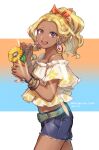  1girl :d amamiya_erena belt belt_buckle blonde_hair blue_belt blue_shorts bow bracelet buckle collarbone commentary_request cowboy_shot cup dark-skinned_female dark_skin denim denim_shorts drinking_straw earrings flower from_side hair_bow high_ponytail highres holding holding_cup jewelry long_hair looking_at_viewer midriff nail_polish off-shoulder_shirt off_shoulder open_mouth orange_nails precure print_shirt red_bow ring shimatani_azu shirt short_shorts short_sleeves shorts sketch smile solo sparkle standing star_twinkle_precure sunflower violet_eyes white_background white_shirt yellow_flower 