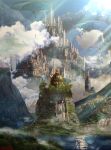 absurdres bird building castle clouds commentary_request fantasy highres lake mixed_media mountain no_humans original outdoors overgrown scenery signature sunlight warera 