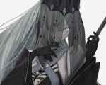  1girl ayn_ao12 black_crown black_gloves black_veil blue_eyes crown fate/grand_order fate_(series) gloves grey_hair hair_between_eyes long_hair looking_at_viewer morgan_le_fay_(fate) parted_lips solo veil white_background 