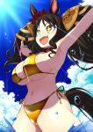  1girl animal_ears bikini black_hair breasts clouds commentary_request fang highres horse_ears horse_girl horse_tail large_breasts lens_flare looking_to_the_side marvelous_sunday_(umamusume) navel outstretched_arms sky solo spread_arms swimsuit tail twintails umamusume water zasshu_nigou 