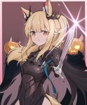  3girls animal_ears arknights armor ascot bangs blemishine_(arknights) blemishine_(moon_catastrborn)_(arknights) blonde_hair cape closed_mouth crown eyebrows_visible_through_hair highres holding holding_sword holding_weapon horse_ears horse_girl jamble04126992 long_hair multiple_girls nearl_(arknights) official_alternate_costume orange_eyes ponytail pumpkin smirk solo_focus sword weapon whislash_(arknights) 