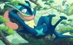  animal animal_focus arms_behind_head branch character_request closed_eyes commentary crossed_legs doggo_1d34 froakie full_body greninja lying ninja no_humans on_back outdoors pokemon pokemon_(creature) shadow tongue_scarf tree 