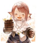  1girl ^_^ ^o^ alcohol bangs beer braid brown_hair clenched_hand closed_eyes crown_braid cup facing_viewer fake_beard fake_facial_hair final_fantasy final_fantasy_xiv giott highres holding holding_cup lalafell mug n122425 open_mouth pointy_ears short_hair smile solo swept_bangs tankard upper_body white_background 
