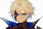  1boy azna bangs blonde_hair blue_eyes blue_hair closed_mouth dainsleif_(genshin_impact) genshin_impact hair_between_eyes high_collar highres looking_at_viewer male_focus mask mask_over_one_eye multicolored_hair portrait simple_background solo twitter_username white_background 