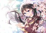  1girl bangs black_hair blue_eyes blurry blurry_background branch brown_sailor_collar brown_shirt cherry_blossoms closed_mouth collarbone commentary_request depth_of_field eyebrows_visible_through_hair floating_hair flower glasses hands_up highres long_hair long_sleeves multicolored_hair neckerchief nekozuki_yuki original petals pink-framed_eyewear pink_hair puffy_long_sleeves puffy_sleeves sailor_collar school_uniform semi-rimless_eyewear serafuku shirt smile streaked_hair under-rim_eyewear upper_body very_long_hair white_flower yellow_neckerchief 