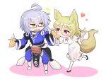  1boy 1girl annoyed blonde_hair eating food fox_tail futa_(nabezoko) glasses hand_gesture highres japanese_clothes kitsune kudamaki_tsukasa looking_at_another medium_hair morichika_rinnosuke tail tofu touhou white_hair 