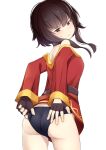  1girl ass bandaged_leg bandages black_gloves black_hair black_legwear black_panties dress fingerless_gloves gloves highres kono_subarashii_sekai_ni_shukufuku_wo! long_sleeves megumin open_mouth panties red_dress red_eyes short_hair single_thighhigh thigh-highs underwear yotubawatane 