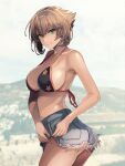  1girl bikini bikini_top_only black_bikini blurry blurry_background breasts brown_hair closed_mouth collarbone denim denim_shorts eyebrows_visible_through_hair floral_print from_side green_eyes hair_between_eyes highres kantai_collection kasumi_(skchkko) large_breasts looking_at_viewer looking_to_the_side mutsu_(kancolle) short_hair shorts smile solo swimsuit 