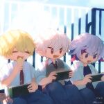  3boys :d ^_^ bag_of_chips bangs black_shirt blonde_hair blue_hair blue_pants blue_sky chips closed_eyes clouds collared_shirt commentary_request day dress_shirt ear_piercing earrings ex_albio eyebrows_visible_through_hair fang feet_out_of_frame food fuwa_minato hair_between_eyes holding holding_food jewelry kiduta_cielo knees_up kuzuha_(nijisanji) multicolored_hair multiple_boys necktie nijisanji nintendo_switch open_clothes open_shirt outdoors pants piercing pointy_ears potato_chips purple_hair railing red_necktie shirt silver_hair sitting sky smile streaked_hair sweater_vest twitter_username undershirt v-shaped_eyebrows violet_eyes virtual_youtuber white_shirt 