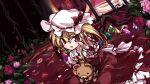  1girl ascot bangs blonde_hair blood blood_on_hands crystal eyebrows_visible_through_hair flandre_scarlet flower frills hat hat_ribbon holding holding_stuffed_toy isu_(is88) looking_at_viewer mob_cap one_side_up open_mouth petticoat pink_flower red_eyes red_flower red_ribbon red_rose ribbon rose solo stuffed_animal stuffed_toy teddy_bear touhou white_headwear wings yellow_ascot 