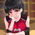  1girl bangs black_hair blurry blurry_background blush breasts closed_mouth commentary commentary_request eyebrows_visible_through_hair huyumitsu jersey large_breasts looking_at_viewer orange_eyes original short_hair smile solo upper_body 