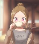  1girl absurdres blurry blurry_background brown_hair brown_jacket bunmyan commentary_request cup dated drinking grey_shirt highres indoors jacket looking_at_viewer original pink_eyes shirt short_hair solo teacup upper_body 