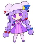  1girl alternate_hairstyle bangs blue_bow bow braid breasts crescent crescent_hat_ornament double_bun dress hair_bow hat hat_ornament high_heels highres kneehighs large_breasts long_hair mob_cap op_na_yarou patchouli_knowledge pink_bow purple_footwear purple_hair purple_legwear red_bow short_hair simple_background solo striped striped_dress touhou vertical-striped_dress vertical_stripes very_long_hair violet_eyes white_background 