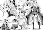  1girl ahoge bangs bare_legs blue_archive blush boots closed_mouth coat coffee_mug collared_shirt cup greyscale halo haruyukiko highres hina_(blue_archive) holding holding_cup horns innertube jacket knee_boots long_hair long_sleeves monochrome mug multiple_horns multiple_views one-piece_swimsuit open_clothes open_coat parted_bangs sandals shirt short_shorts shorts sitting sleeveless sleeveless_shirt smile standing swimsuit thigh-highs very_long_hair 
