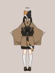  1girl absurdres animal_ears back_bow backpack bag black_bow black_hair black_skirt bow brown_coat brown_footwear calico cat_ears cat_tail coat facing_away fake_animal_ears fake_tail fashion from_behind grey_background hanatsuki hat hat_with_ears highres kneehighs long_hair long_sleeves miniskirt original outstretched_arms paw_print pleated_skirt print_headwear shoes simple_background skirt solo standing tail twintails 