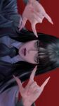  1girl \m/ bangs black_hair black_necktie blunt_bangs character_request green_u_u grey_eyes hands_up highres long_hair long_sleeves looking_at_viewer necktie open_mouth pink_lips pink_nails real_life red_background sideways solo straight_hair wing_collar 
