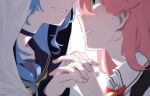  2girls bangs blue_choker blue_hair blue_sailor_collar blush choker clenched_teeth collared_shirt ear_blush from_side green_eyes grin hair_between_eyes hand_blush hand_up head_out_of_frame highres holding_hands hololive hood hood_up hoshimachi_suisei long_hair looking_at_another looking_at_viewer multiple_girls pink_hair sailor_collar sakura_miko shirt smile teeth virtual_youtuber westlee_ar white_background yuri 
