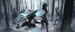  2girls absurdres action animal_ear_fluff animal_ears arknights back-to-back bangs black_hair black_jacket blurry blurry_background cr_iws_t_72 fighting_stance gloves glowing glowing_sword glowing_weapon hair_ornament hairclip highres holding holding_weapon jacket lappland_(arknights) long_hair long_sleeves multiple_girls navel penguin_logistics_(arknights) scar scar_across_eye scar_on_face silver_hair snow sword tail texas_(arknights) weapon wide_image winter wolf_ears 