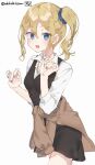  1girl absurdres bangs blonde_hair blue_eyes blue_nails blue_scrunchie brown_cardigan cardigan cardigan_around_waist chibirisu clothes_around_waist collared_shirt commentary_request cowboy_shot hair_between_eyes hair_ornament hair_scrunchie hands_up hayasaka_ai highres kaguya-sama_wa_kokurasetai_~tensai-tachi_no_renai_zunousen~ long_hair long_sleeves looking_at_viewer open_mouth scrunchie shirt side_ponytail signature simple_background solo standing twitter_username white_background white_shirt 