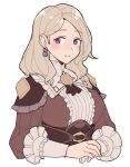  1girl blonde_hair blush breasts collar do_m_kaeru earrings eyebrows_visible_through_hair fire_emblem fire_emblem:_three_houses fire_emblem_warriors fire_emblem_warriors:_three_hopes jewelry large_breasts long_hair long_sleeves looking_at_viewer mercedes_von_martritz official_alternate_hairstyle puffy_sleeves simple_background smile solo upper_body white_background 