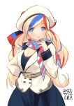  1girl artist_name bangs beret blonde_hair blue_dress blue_eyes blue_hair buttons commandant_teste_(kancolle) dated double-breasted dress hat highres jacket kantai_collection long_hair looking_at_viewer multicolored_clothes multicolored_hair multicolored_scarf one-hour_drawing_challenge owa_(ishtail) plaid plaid_scarf pom_pom_(clothes) redhead scarf simple_background solo streaked_hair swept_bangs wavy_hair white_background white_hair 