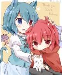  2girls :d animal animal_ears bangs blue_bow blue_eyes blue_hair bow cat cat_ears cat_tail celebration cloak english_text eyebrows_visible_through_hair hair_bow heterochromia holding holding_animal juliet_sleeves karakasa_obake long_sleeves looking_at_another looking_at_viewer multiple_girls open_mouth puchimirin puffy_sleeves purple_umbrella red_eyes redhead sekibanki short_hair smile symbol-only_commentary tail tatara_kogasa touhou twitter_username umbrella 