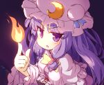  1girl bangs black_background crescent crescent_pin eyebrows_visible_through_hair fire hat index_finger_raised isu_(is88) long_hair looking_at_viewer mob_cap open_mouth patchouli_knowledge purple_hair purple_headwear simple_background solo touhou upper_body v-shaped_eyebrows violet_eyes 