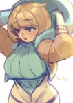  1girl apex_legends black_eyes blonde_hair blue_bodysuit bodysuit breasts english_commentary english_text eyebrows_visible_through_hair highres hood hooded_jacket jacket kabiyapyo large_breasts looking_to_the_side orange_jacket ribbed_bodysuit sketch solo wattson_(apex_legends) white_background white_bodysuit 