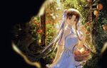  1girl absurdres basket black_hair blue_dress double_bun dress facial_mark food forehead_mark fruit highres long_hair orange_(fruit) ribbon shan_lan smile weibo_id xian_jian_qi_xia_zhuan zhao_linger 