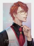  1boy adjusting_collar artist_name bishounen black_shirt brown_eyes collared_shirt drawing ereyz hand_up instagram_username male_focus necktie red_necktie shirt smile solo twitter_username upper_body vest white_vest yellow-framed_eyewear yellow_eyes 