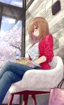  1girl absurdres aramachi bob_cut breasts brown_hair chair cherry_blossoms crossed_legs cup denim disposable_cup glasses highres holding holding_cup indoors jeans large_breasts light_smile magazine_(object) medium_hair original pants sitting solo violet_eyes window 