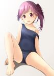  1girl :d bangs bare_arms bare_legs bare_shoulders barefoot black_swimsuit collarbone commentary_request eyebrows_visible_through_hair grey_background highres knee_up looking_at_viewer old_school_swimsuit one-piece_swimsuit original purple_hair redhead school_swimsuit shadow shibacha side_ponytail sitting smile solo strap_slip swimsuit 