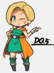  1girl belt bianca_(dq5) blonde_hair boots bracelet braid cape chibi choker dragon_quest dragon_quest_v dress earrings full_body green_dress green_eyes hair_over_shoulder hand_on_hip ibara. jewelry long_hair one_eye_closed orange_cape side_braid single_braid socks solo 