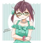  1girl adapted_costume alternate_costume aqua_dress blue-framed_eyewear bracelet brown_hair cocoperino commentary_request dated dress glasses green_eyes jewelry kantai_collection multicolored_hair necklace okinami_(kancolle) one-hour_drawing_challenge pearl_necklace pink_hair short_hair sleeveless sleeveless_dress smile solo twitter_username upper_body 