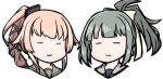  2girls :3 ahoge closed_eyes cyama_land grey_hair grey_sailor_collar hair_flaps hair_ribbon kantai_collection long_hair multiple_girls pink_hair ponytail ribbon sailor_collar simple_background upper_body very_long_hair white_background white_ribbon yura_(kancolle) yura_kai_ni_(kancolle) yuubari_(kancolle) yuubari_kai_ni_(kancolle) 