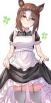  1girl alternate_costume animal_ears breasts brown_hair clothes_lift fine_motion_(umamusume) green_eyes hair_between_eyes hair_ornament herohero_(higashi_no_dou) highres horse_ears horse_girl horse_tail lifted_by_self maid medium_breasts simple_background skirt skirt_lift tail thigh-highs umamusume white_background 