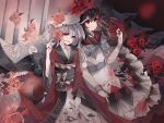  2girls black_hair blush dress flower highres horns japanese_clothes kijin_seija kimono looking_at_viewer multicolored_hair multiple_girls open_mouth petals red_eyes rose rose_petals short_hair streaked_hair sukuna_shinmyoumaru touhou white_hair zerocf155 