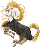  1girl absurdly_long_hair animal_ears artist_request blonde_hair blue_eyes breasts centaur centorea_shianus covered_nipples eyebrows_visible_through_hair full_body high_ponytail horse_ears huge_breasts long_hair monster_musume_no_iru_nichijou monster_musume_no_iru_nichijou_online official_alternate_costume official_art pointy_ears shirt sidelocks solo taur transparent_background very_long_hair white_shirt 