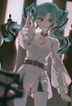  +_+ 1girl alternate_costume aqua_hair aqua_nails bangs belt blue_eyes blurry blurry_foreground clothing_cutout dress earrings hatsune_miku heterochromia highres indoors jewelry long_hair long_sleeves looking_at_viewer lunar_(mikumikunau39) open_mouth red_eyes solo tears twintails vocaloid white_dress 
