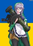  1girl absurdres apron braid breasts cosplay fgm-148_javelin frills green_robe green_shawl grey_hair gun handgun highres holding_rocket_launcher holster izayoi_sakuya looking_at_viewer maid maid_apron medium_breasts one_eye_closed pantyhose pistol rocket_launcher russo-ukrainian_war ryuhwa9 skindentation smile solo st._javelin thigh_holster thighs touhou twin_braids twitter_username ukraine ukrainian_flag virgin_mary virgin_mary_(cosplay) weapon weapon_request white_apron 