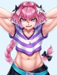  1boy abs arms_behind_head arms_up astolfo_(fate) belt belt_buckle bow braid braided_ponytail buckle commentary cropped_shirt english_commentary eyebrows_visible_through_hair fang fate/apocrypha fate_(series) hair_between_eyes hair_bow highres long_hair looking_at_viewer male_focus midriff multicolored_hair navel open_mouth pink_hair shirt short_sleeves simple_background skin_fang skirt skylock solo striped striped_shirt teeth tongue two-tone_hair upper_body violet_eyes white_hair 