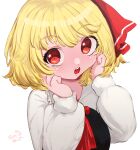  1girl blonde_hair dated eyebrows_visible_through_hair hair_ribbon hands_on_own_cheeks hands_on_own_face highres long_sleeves nukojinuko open_mouth red_eyes ribbon round_teeth rumia shirt short_hair signature simple_background solo teeth touhou upper_body upper_teeth vest white_background 