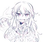  1girl :3 bow bowtie bright_pupils dot_nose finger_in_own_mouth fire flame floating floating_object hair_between_eyes hands_up hata_no_kokoro hatching_(texture) itomugi-kun linear_hatching long_hair long_sleeves looking_at_viewer mask mixed_media monkey_mask monochrome mouth_pull parted_lips plaid simple_background sketch solo star_(symbol) teeth touhou traditional_media upper_body white_background white_pupils wide_sleeves 