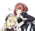  2girls alternate_costume ark_royal_(kancolle) bangs black_dress blonde_hair blue_eyes blunt_bangs bob_cut dress enmaided gloves hair_between_eyes kantai_collection long_hair maid maid_headdress mole mole_under_eye mole_under_mouth multiple_girls out-of-frame_censoring redhead richelieu_(kancolle) short_hair simple_background tk8d32 upper_body white_background white_gloves 