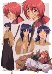  1990s_(style) 1boy 1girl bangs blue_eyes blue_hair bokken cross_scar high_ponytail highres himura_kenshin japanese_clothes kamiya_kaoru katana long_hair long_sleeves natuki1016 open_mouth ponytail redhead retro_artstyle rurouni_kenshin scar scar_on_cheek scar_on_face sword weapon wooden_sword 