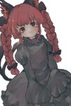  1girl :3 animal_ear_fluff black_bow blush bow braid cat_tail dress green_dress highres inkopiko juliet_sleeves kaenbyou_rin long_hair long_sleeves looking_at_viewer multiple_tails puffy_sleeves red_eyes redhead simple_background slit_pupils smile solo tail touhou twin_braids two_tails white_background 