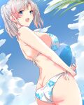  1girl absurdres ass ball beachball bikini blue_eyes blue_sky breasts clouds commentary_request cowboy_shot ekaki_kukuma floral_print from_behind highres long_hair looking_at_viewer medium_breasts original side-tie_bikini silver_hair sky solo swimsuit white_bikini 