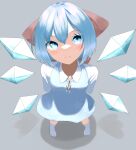  1girl absurdres arms_behind_back blue_dress blue_eyes blue_hair blush bow cirno dress fal-faaaaaaal foreshortening from_above full_body grey_background hair_between_eyes hair_bow highres ice ice_wings legs_apart light_smile looking_at_viewer looking_up puffy_sleeves red_bow red_ribbon ribbon shadow short_hair simple_background solo standing touhou white_legwear wings 